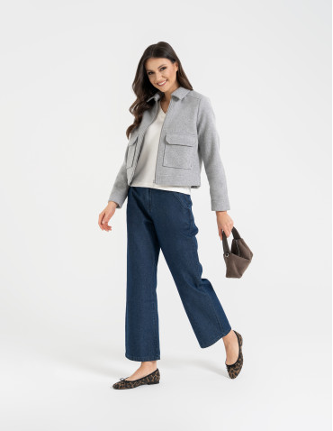 Kurtki i kamizelki - Kurtka damska bomberka z kołnierzem i kieszeniami z przodu SZARY MELANŻ - produkt 5