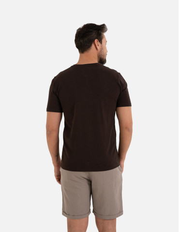 Koszulki z krótkim rękawem - Koszulka męska bawełniana typu henley z krótkim rękawem BRĄZOWY - produkt 3