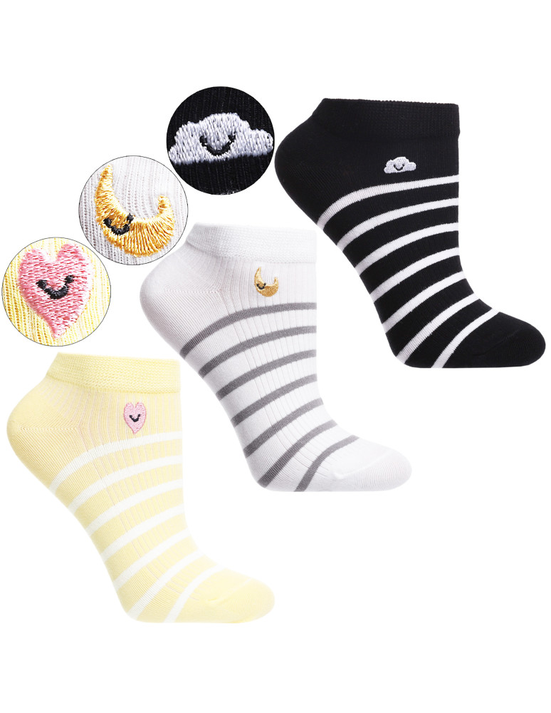 Stopki klasyczne - Skarpety stopki damskie w paski z haftem 3-pak WIELOKOLOROWY - produkt moraj.pl 1