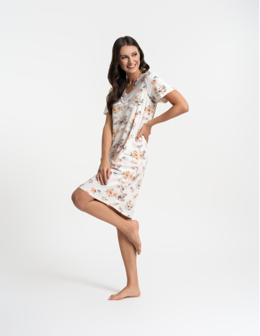 Koszule nocne - Koszula nocna damska z krótkim rękawem i koronką ECRU - produkt 3