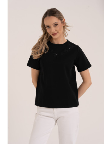 Bluzka damska z krótkim rękawem bawełniana i cekinami - CZARNY