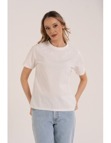 Bluzka damska z krótkim rękawem bawełniana i cekinami - BIAŁY