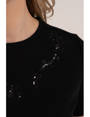 Bluzka damska z krótkim rękawem bawełniana i cekinami - CZARNY  - produkt 2