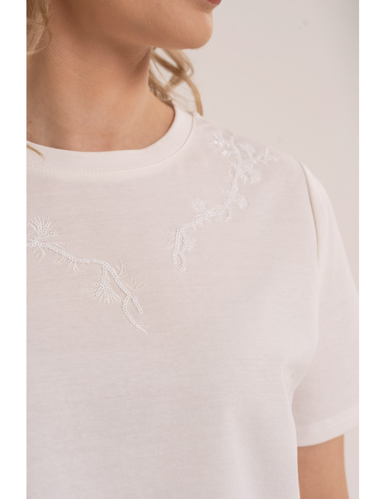 Bluzki z krótkim rękawem - Bluzka damska z krótkim rękawem bawełniana i cekinami BIAŁY - produkt moraj.pl 2