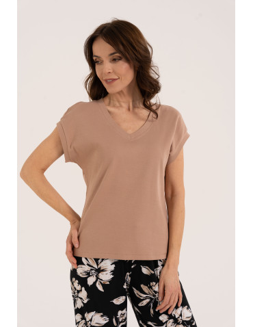 Koszulki i T-shirty - Bluzka damska bawełniana o luźnym fasonie BEŻOWY - produkt 1