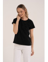Bluzka damska bawełniana z krótkim rękawem i aplikacją 3D kwiatów CZARNY