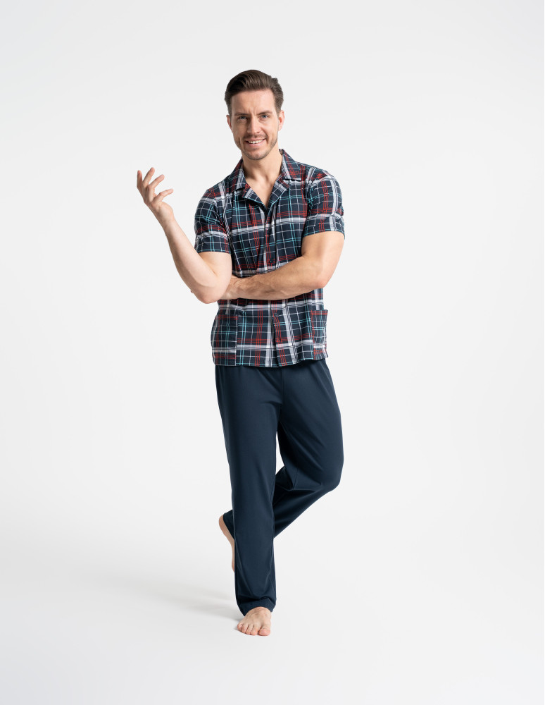 Piżamy z krótkim rękawem - Męska piżama z rozpinaną bluzką w kratę WZÓR 1  - produkt moraj.pl 3