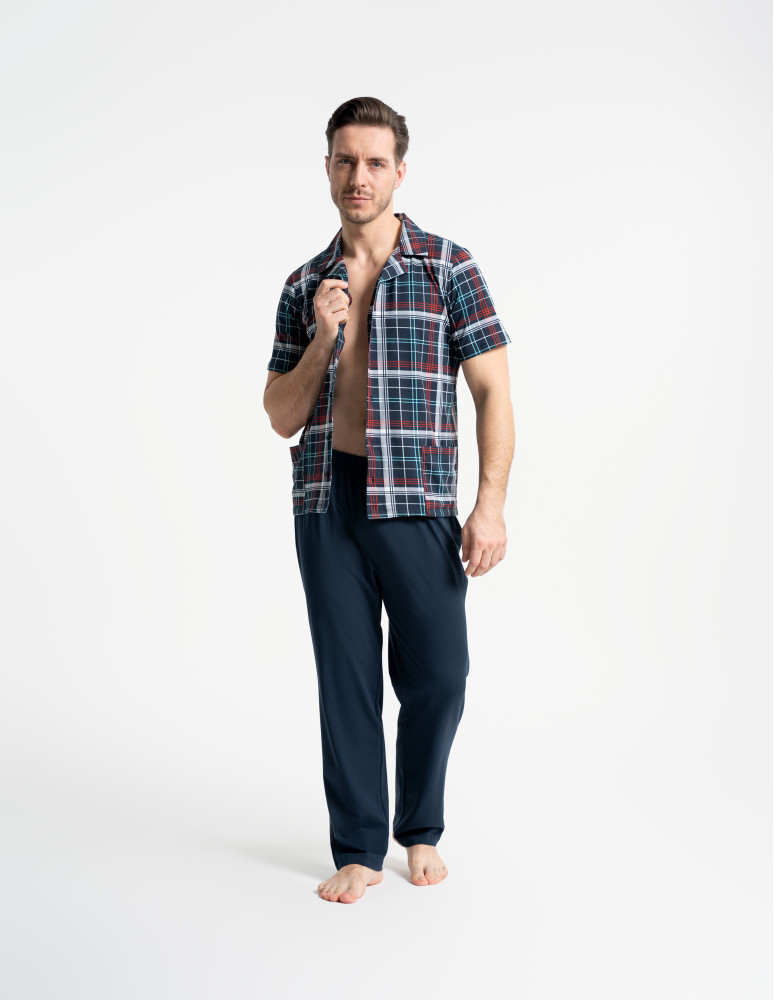 Piżamy z krótkim rękawem - Męska piżama z rozpinaną bluzką w kratę Plus Size WZÓR 1  - produkt moraj.pl 8