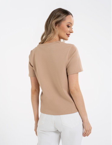 Koszulki z krótkim rękawem - T-shirt damski bawełniany gładki o klasycznym kroju BEŻOWY - produkt 3