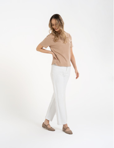 Koszulki z krótkim rękawem - T-shirt damski bawełniany gładki o klasycznym kroju BEŻOWY - produkt 5