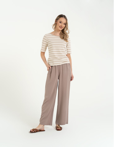 Bluzki z krótkim rękawem - Bluzka damska bawełniana w paski z krótkim rękawem BEŻOWY - produkt 7