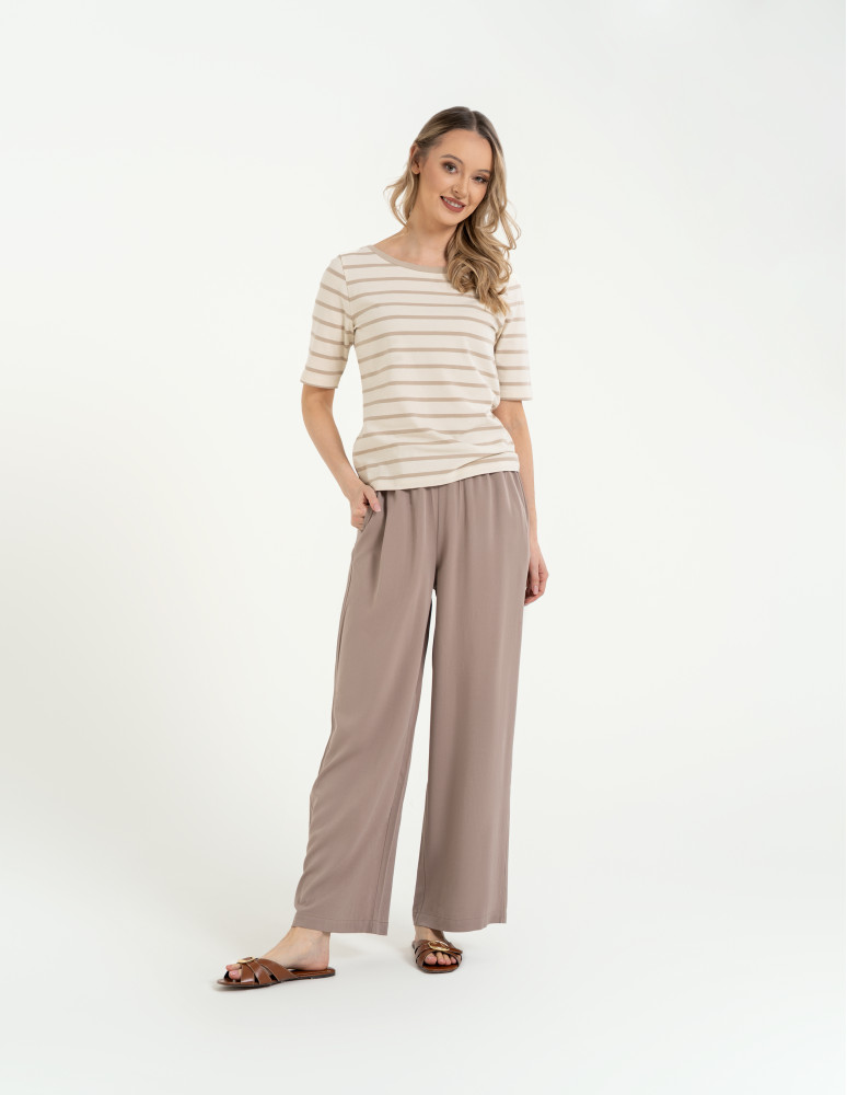 Bluzki z krótkim rękawem - Bluzka damska bawełniana w paski z krótkim rękawem BEŻOWY  - produkt moraj.pl 7