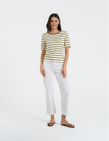 Bluzki z krótkim rękawem - Bluzka damska bawełniana w paski z krótkim rękawem ZIELONY - produkt 6