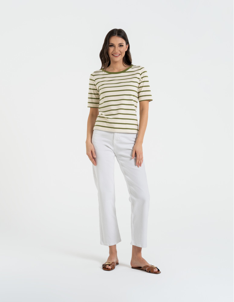 Bluzki z krótkim rękawem - Bluzka damska bawełniana w paski z krótkim rękawem ZIELONY  - produkt moraj.pl 6