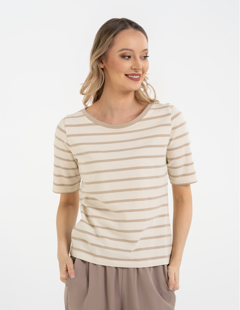 Bluzki z krótkim rękawem - Bluzka damska bawełniana w paski z krótkim rękawem BEŻOWY - produkt moraj.pl 1