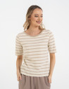 Bluzka damska bawełniana w paski z krótkim rękawem BEŻOWY