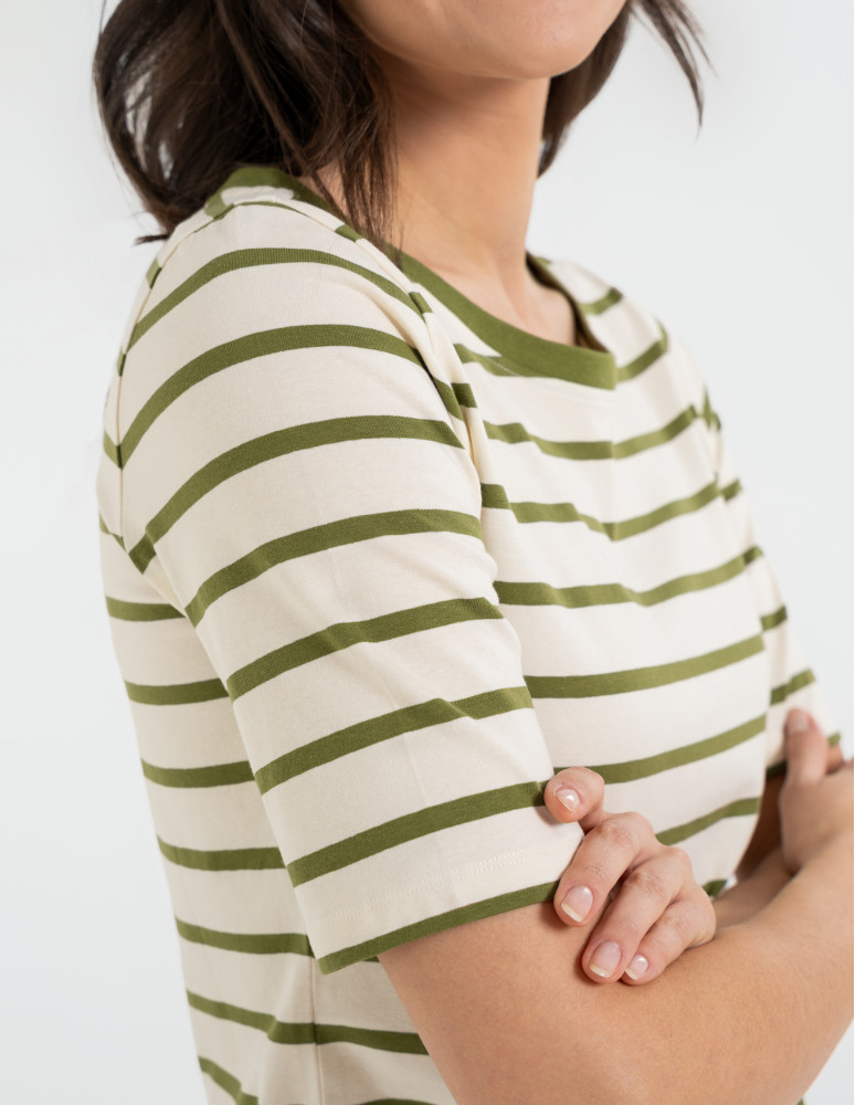 Bluzki z krótkim rękawem - Bluzka damska bawełniana w paski z krótkim rękawem ZIELONY  - produkt moraj.pl 4