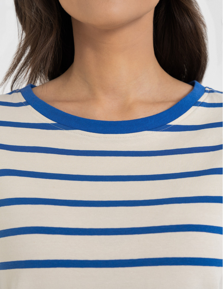 Bluzki z krótkim rękawem - Bluzka damska bawełniana w paski z krótkim rękawem NIEBIESKI  - produkt moraj.pl 3