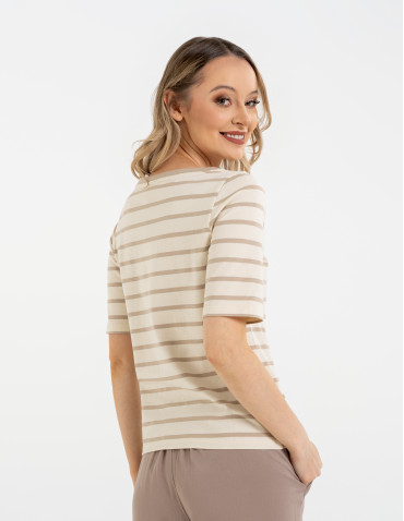 Bluzki z krótkim rękawem - Bluzka damska bawełniana w paski z krótkim rękawem BEŻOWY - produkt 3