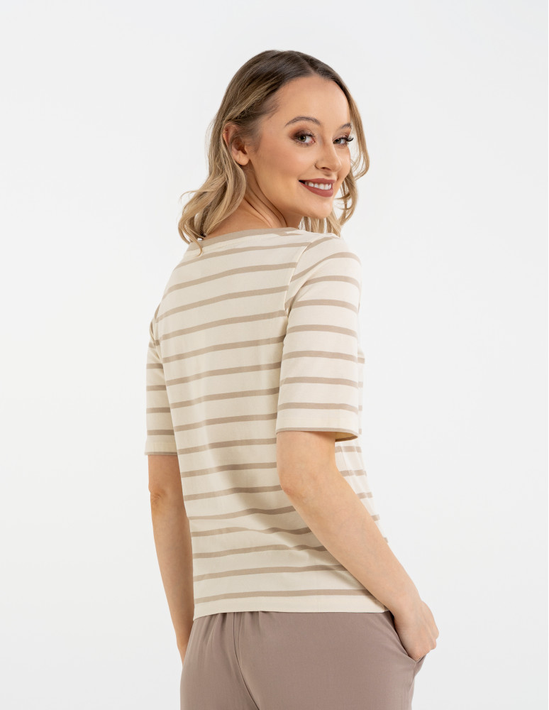 Bluzki z krótkim rękawem - Bluzka damska bawełniana w paski z krótkim rękawem BEŻOWY  - produkt moraj.pl 3