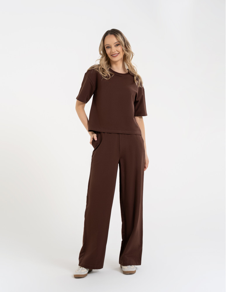 Spodnie dresowe - Spodnie damskie dresowe bawełniane z wysokim stanem BRĄZOWY - produkt moraj.pl 1