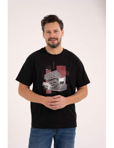T-shirt męski bawełniany oversize z nadrukiem architektonicznym