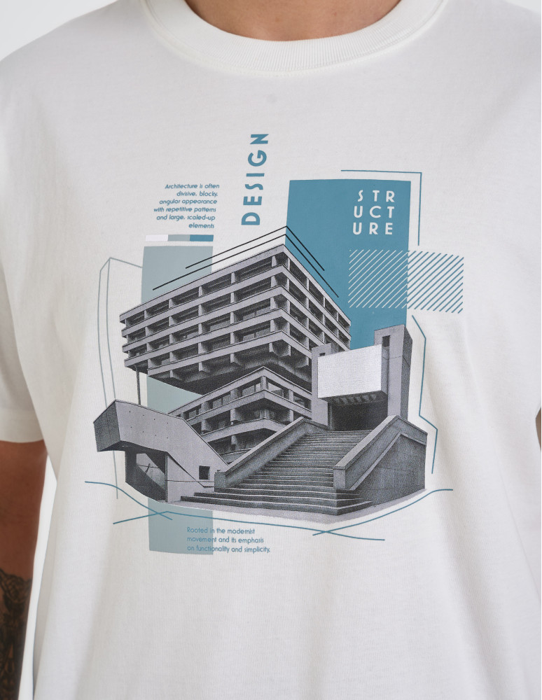 Koszulki z krótkim rękawem - T-shirt męski bawełniany oversize z nadrukiem architektonicznym BIAŁY - produkt moraj.pl 2
