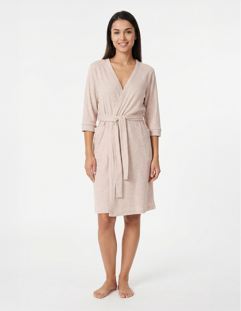 Szlafroki cienkie - Szlafrok damski z dzianiny prążkowanej z rękawem 3/4 BEŻOWY MELANŻ  - produkt moraj.pl 2