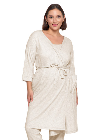 Szlafroki cienkie - Krótki szlafrok damski Plus Size z prążkowanej dzianiny BEŻOWY - produkt 1