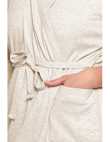 Szlafroki cienkie - Krótki szlafrok damski Plus Size z prążkowanej dzianiny BEŻOWY - produkt 2