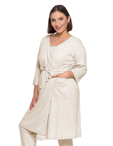 Szlafroki cienkie - Krótki szlafrok damski Plus Size z prążkowanej dzianiny BEŻOWY - produkt 4