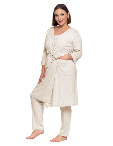 Szlafroki cienkie - Krótki szlafrok damski Plus Size z prążkowanej dzianiny BEŻOWY - produkt 5