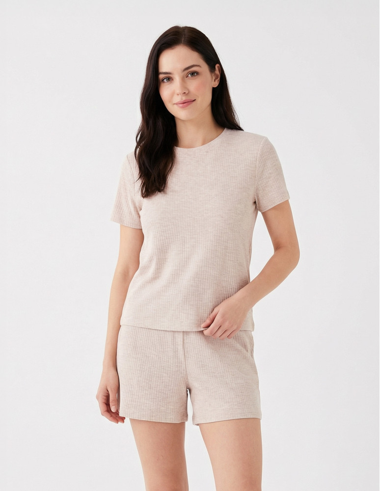 Piżamy z krótkim rękawem - Piżama damska w prążek z krótkim rękawem i szortami Plus Size BEŻOWY MELANŻ - produkt moraj.pl 1