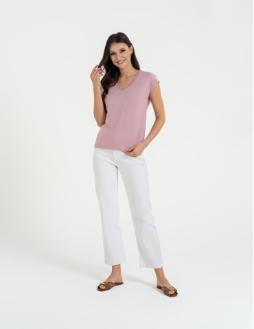 Bluzki i koszule - Bluzka damska bawełniana z koronkowym dekoltem JEANS - produkt 31