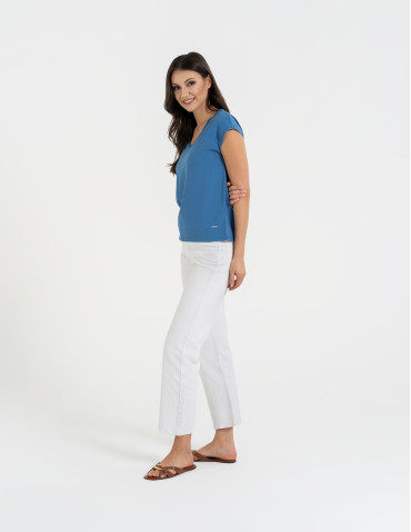 Bluzki i koszule - Bluzka damska bawełniana z koronkowym dekoltem JEANS - produkt 32