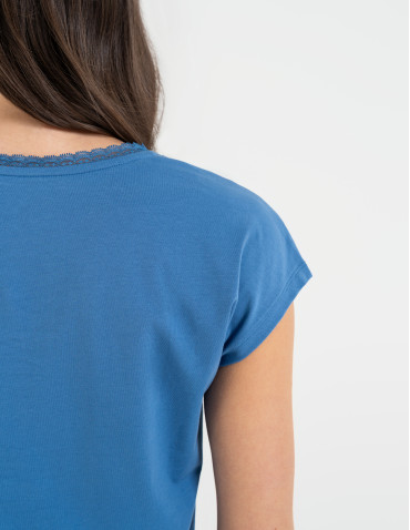 Bluzki i koszule - Bluzka damska bawełniana z koronkowym dekoltem JEANS - produkt 38