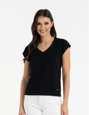 Bluzki i koszule - Bluzka damska bawełniana z koronkowym dekoltem JEANS - produkt 39