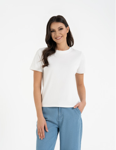 Koszulki z krótkim rękawem - T-shirt damski bawełniany gładki o klasycznym kroju BIAŁY - produkt 3