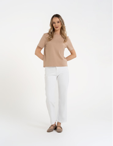 Koszulki z krótkim rękawem - T-shirt damski bawełniany gładki o klasycznym kroju BEŻOWY - produkt 6