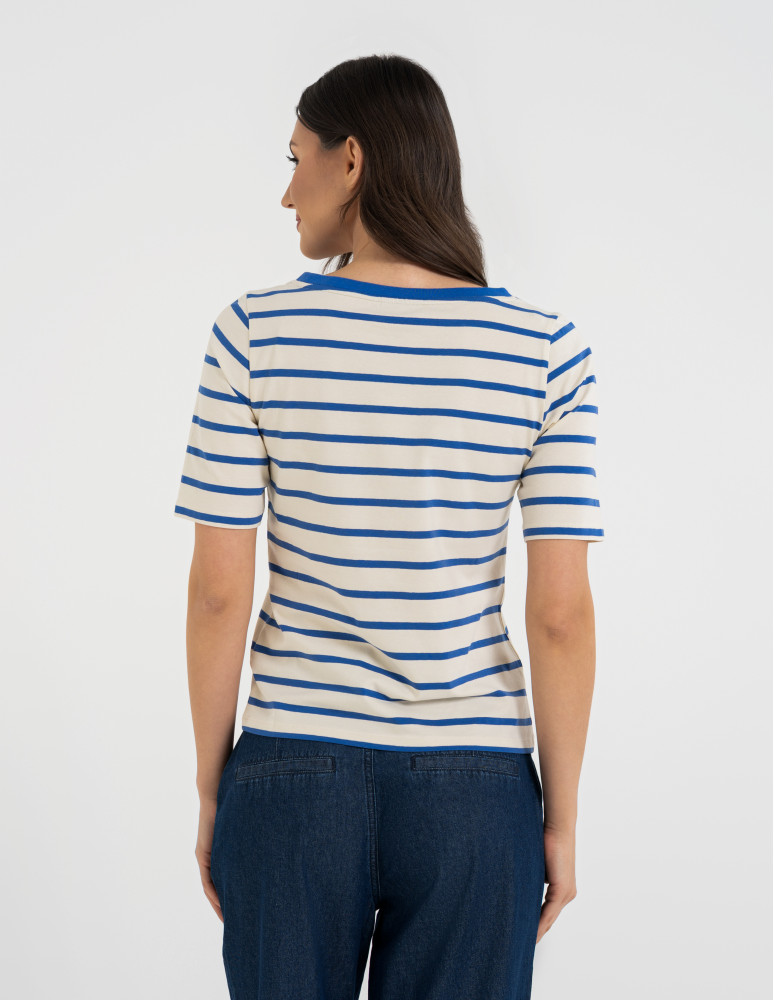 Bluzki z krótkim rękawem - Bluzka damska bawełniana w paski z krótkim rękawem NIEBIESKI  - produkt moraj.pl 4