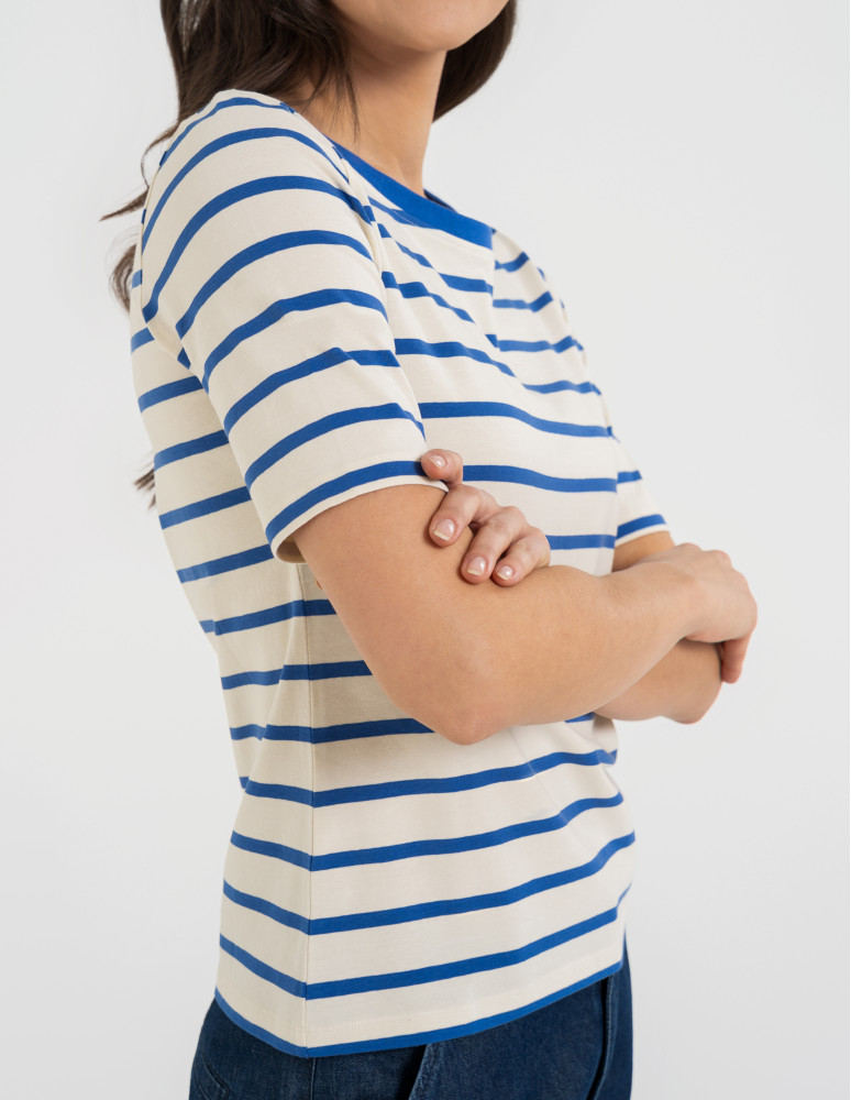 Bluzki z krótkim rękawem - Bluzka damska bawełniana w paski z krótkim rękawem NIEBIESKI  - produkt moraj.pl 6