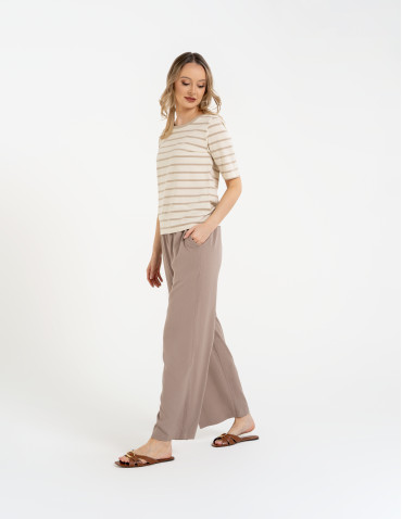 Bluzki z krótkim rękawem - Bluzka damska bawełniana w paski z krótkim rękawem BEŻOWY - produkt 6