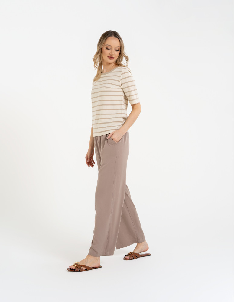 Bluzki z krótkim rękawem - Bluzka damska bawełniana w paski z krótkim rękawem BEŻOWY  - produkt moraj.pl 6