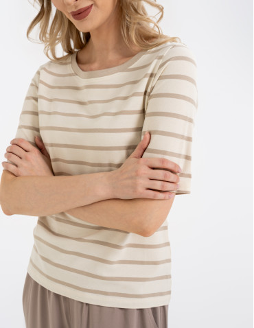 Bluzki z krótkim rękawem - Bluzka damska bawełniana w paski z krótkim rękawem BEŻOWY - produkt 5