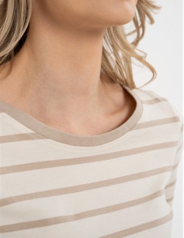 Bluzki z krótkim rękawem - Bluzka damska bawełniana w paski z krótkim rękawem BEŻOWY - produkt 4