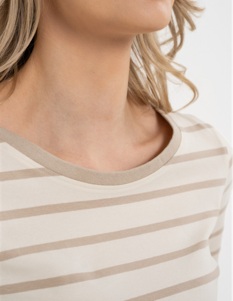 Bluzki z krótkim rękawem - Bluzka damska bawełniana w paski z krótkim rękawem BEŻOWY  - produkt moraj.pl 4