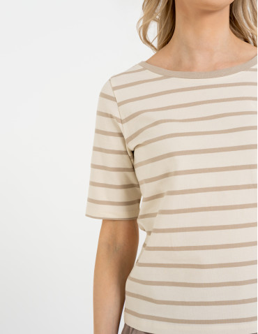 Bluzka damska bawełniana w paski z krótkim rękawem - BEŻOWY  - produkt 2