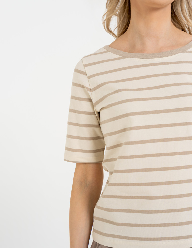 Bluzki z krótkim rękawem - Bluzka damska bawełniana w paski z krótkim rękawem BEŻOWY  - produkt moraj.pl 2