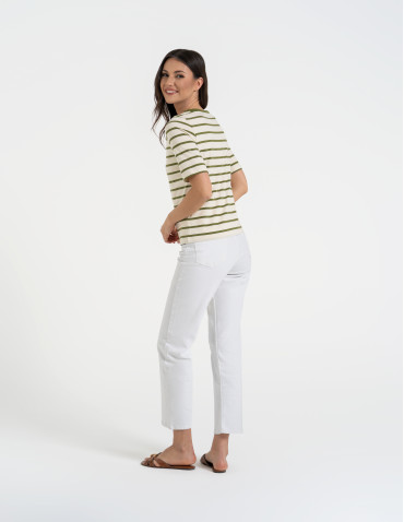 Bluzki z krótkim rękawem - Bluzka damska bawełniana w paski z krótkim rękawem ZIELONY - produkt 7