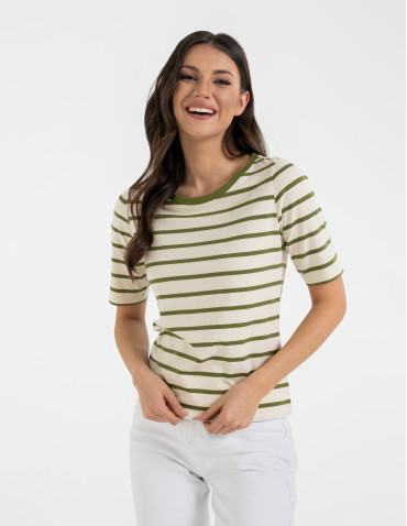 Bluzki z krótkim rękawem - Bluzka damska bawełniana w paski z krótkim rękawem ZIELONY - produkt 5